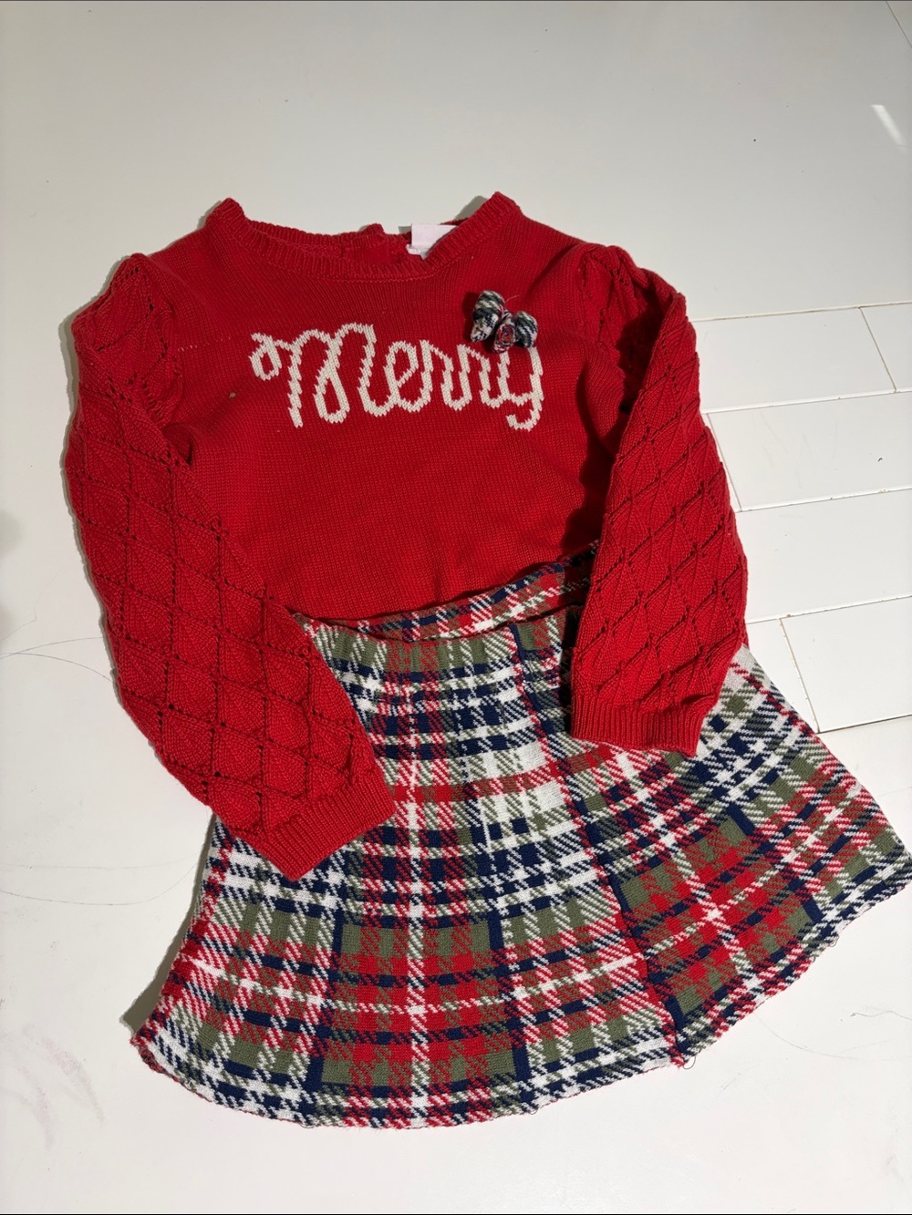 Others Follow Red 'Merry' Knit Sweater Top with Plaid Skirt Set